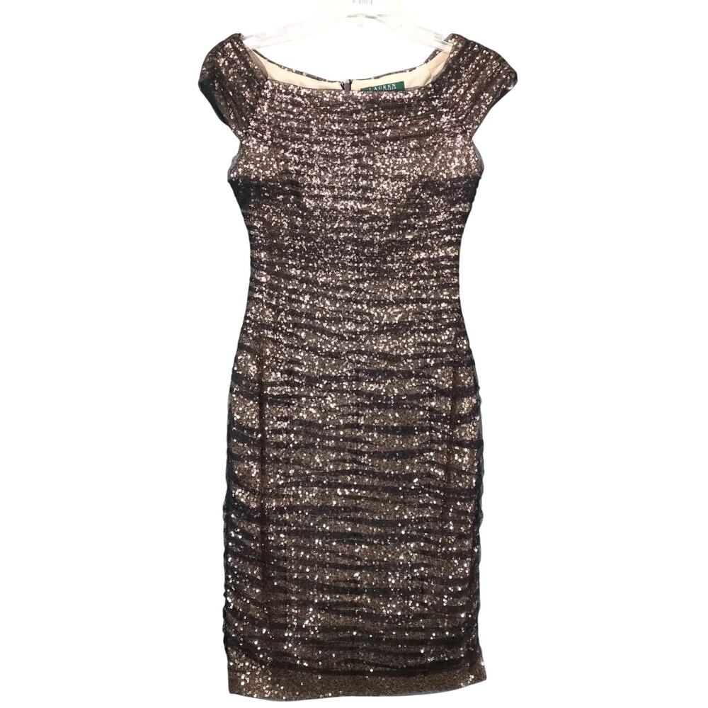 LRL Ralph Lauren Evening Gold Sequin Black Chiffon Bodycon Dress Sz 2P Cocktail‎